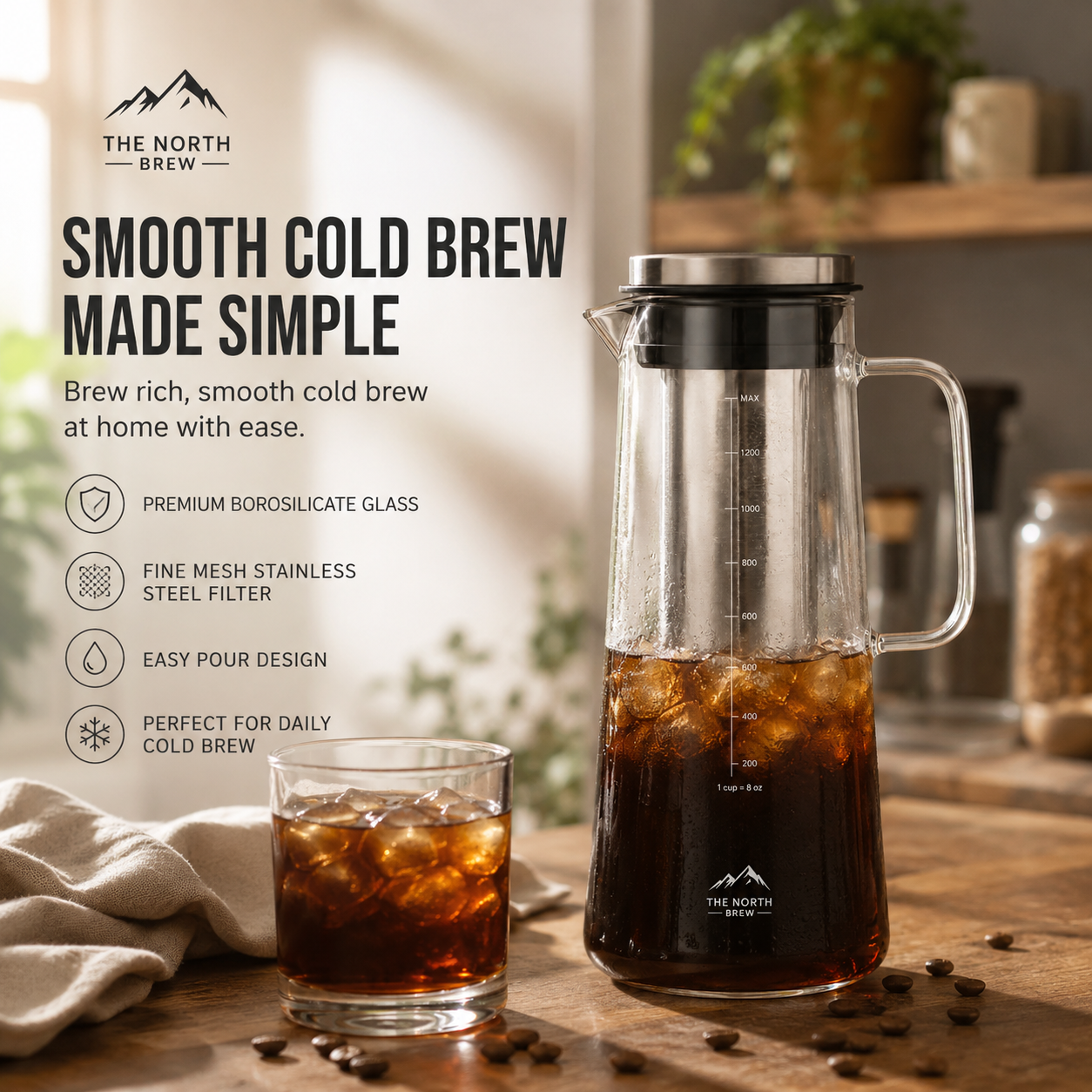 NorthBrew™ Cold Brew Glass Carafe | 34oz Airtight Borosilicate Brewer
